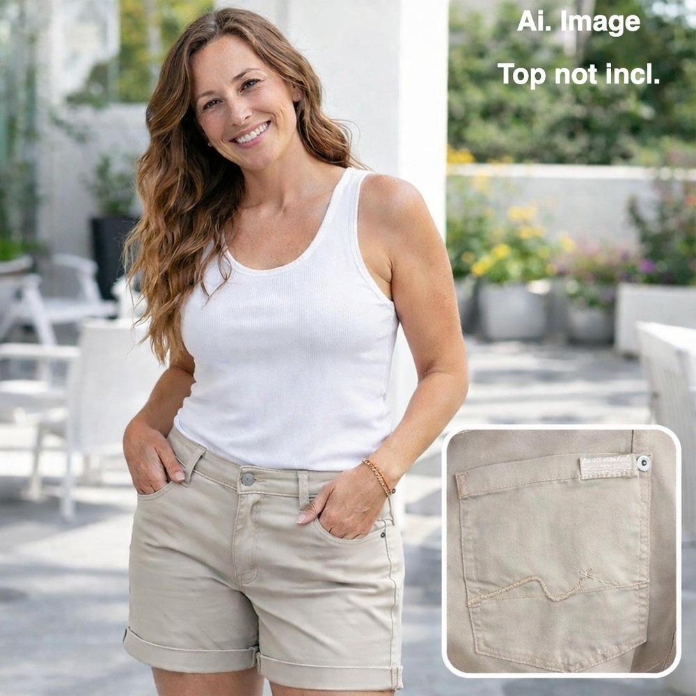 7 For All Mankind Women 27 Long Roll Up Shorts Beige NWT USA Neutral, Minimalist
